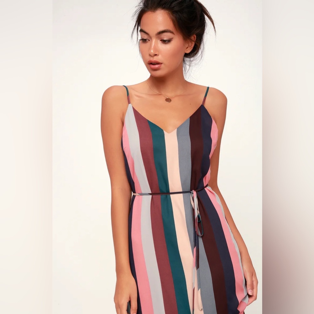 Lulu’s Erina Mauve Multi Stripe Belted Midi Slip Dress